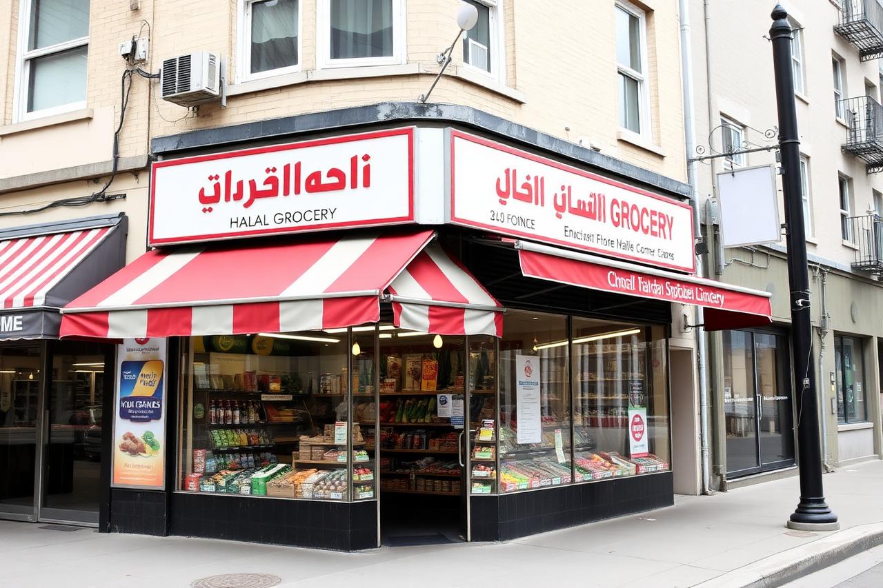 Queens Market halal corner store shelves stocked with groceries and fresh food