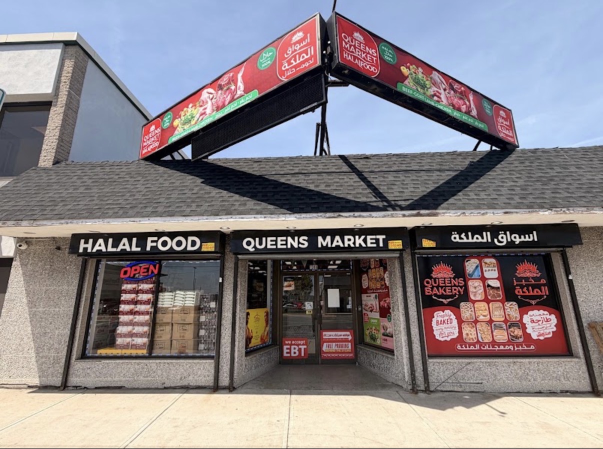 Queens Market halal corner store shelves stocked with groceries and fresh food